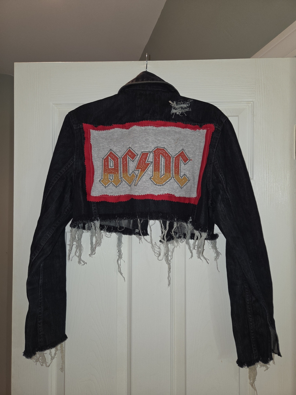 Upcycled AC/DC Black Distressed Cropped Denim Jacket - Rock Graphic